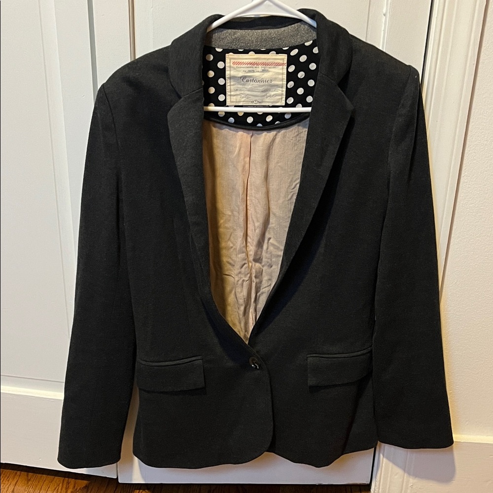 Anthropologie soft gray Blazer with elbow patches and Polka Dot Lining